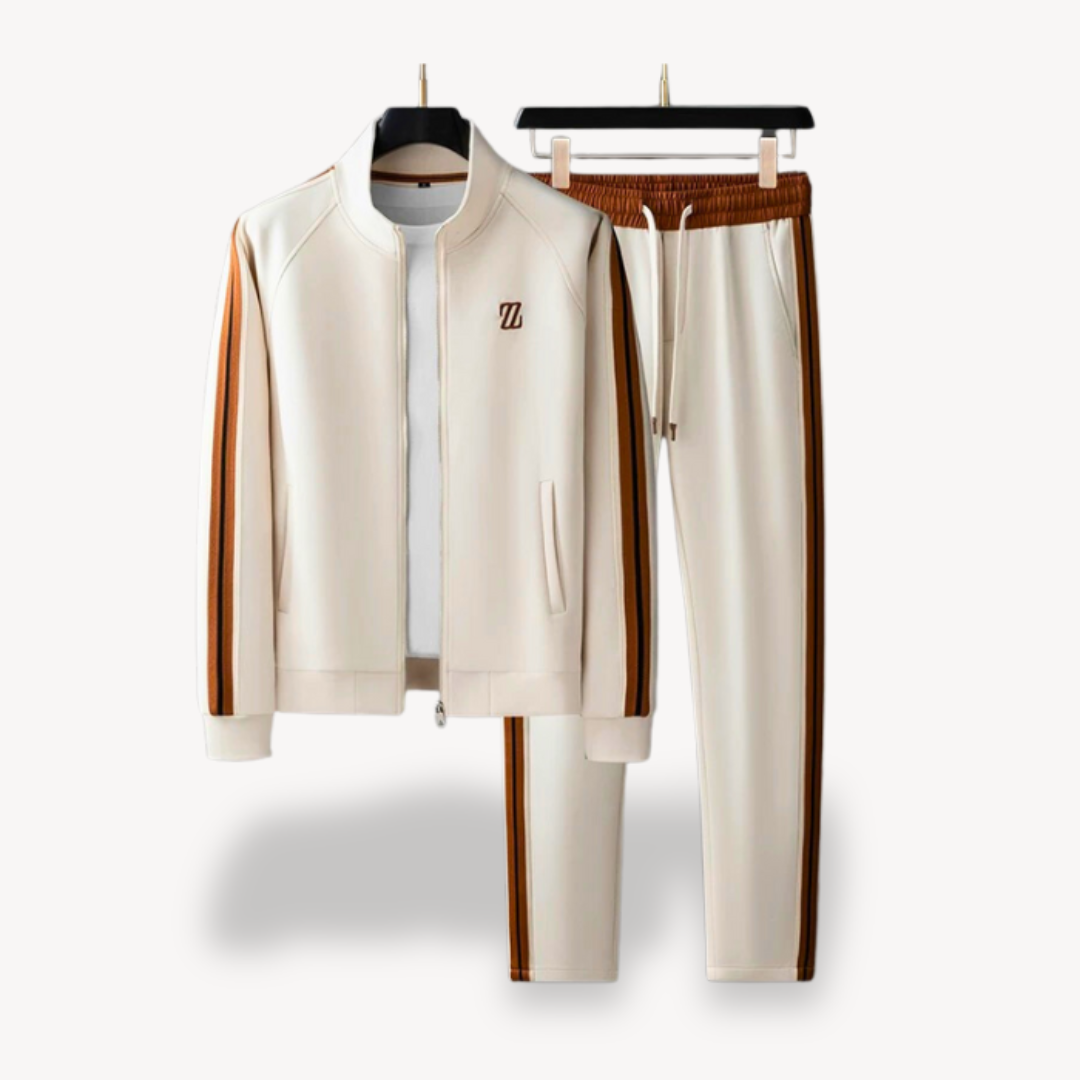 Men’s Tracksuit Set – Slim Fit – Side Stripe – Zip Jacket & Drawstring Joggers Beige