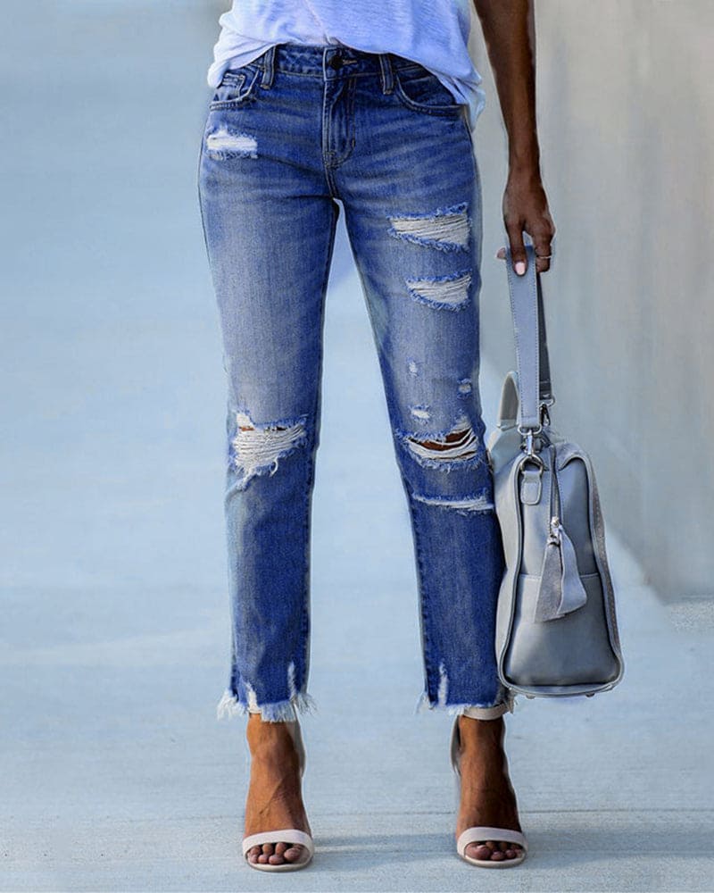 Women's Ripped Denim Jeans - StreetEdge Blue