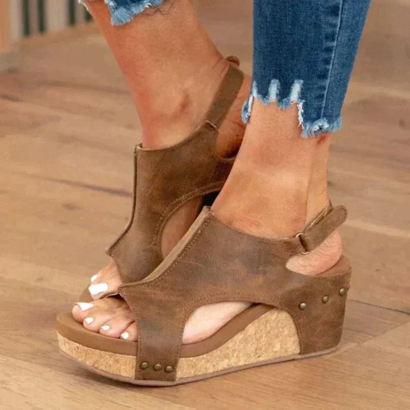 Women's Leather Wedge Sandals Cushioned Open Toe - UrbanStride