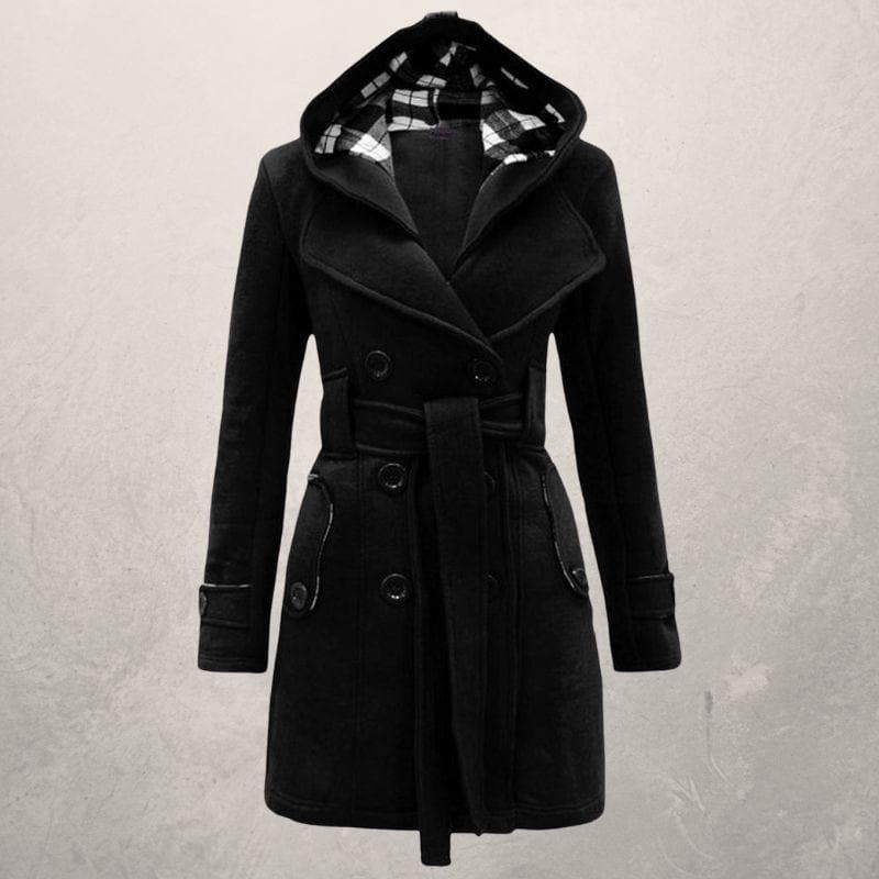 Women's Wool Blend Hooded Coat - Chic Belted Winter Overcoat - WinterGrace Black