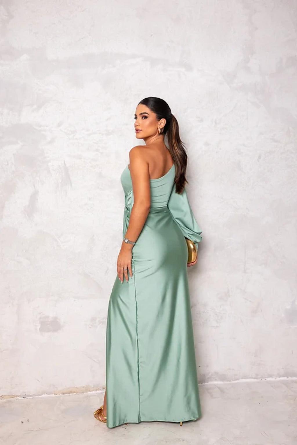 Elegant One-Shoulder Maxi Dress High Slit - EveningStar