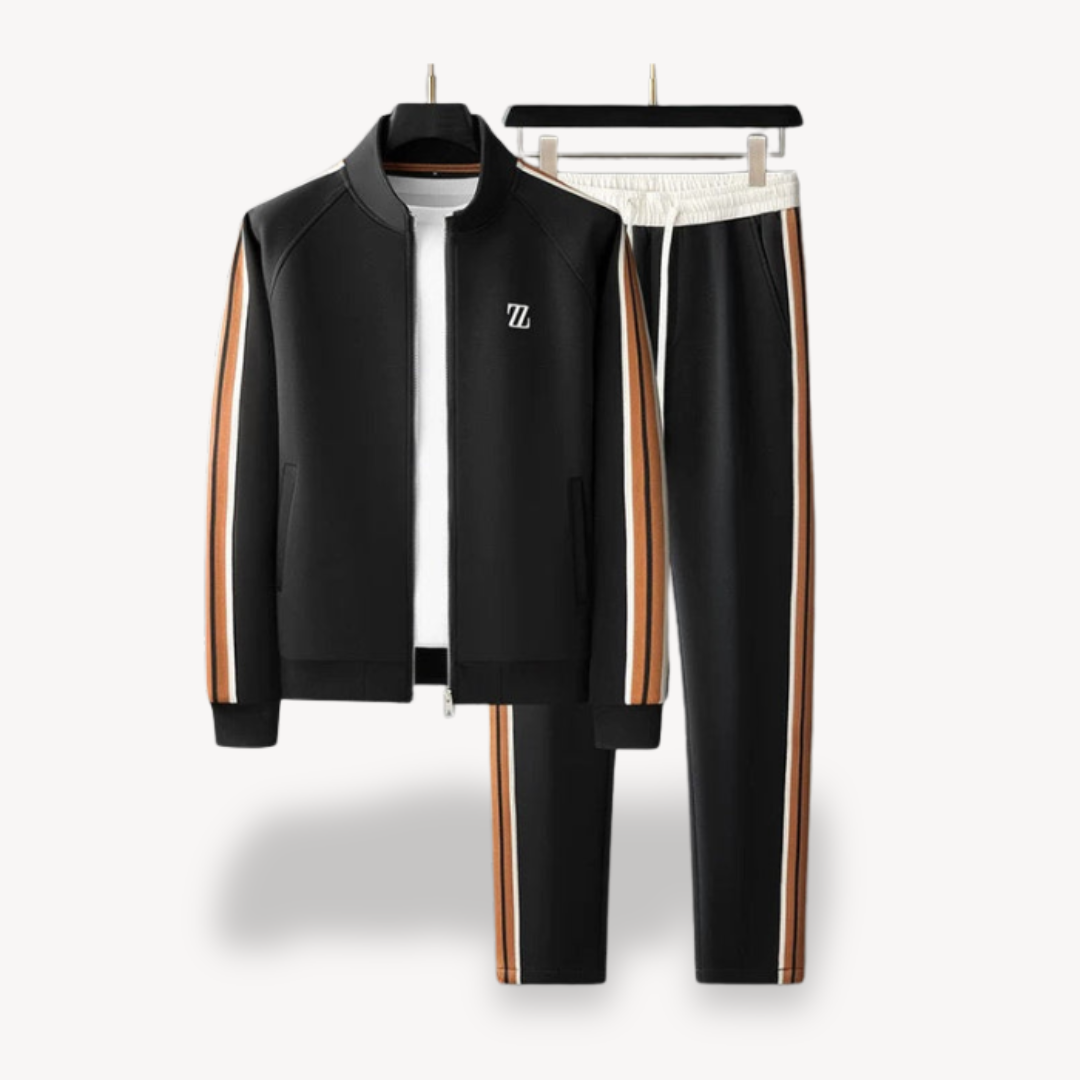 Men’s Tracksuit Set – Slim Fit – Side Stripe – Zip Jacket & Drawstring Joggers Black