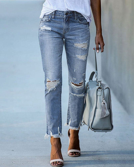 Women's Ripped Denim Jeans - StreetEdge Light Blue