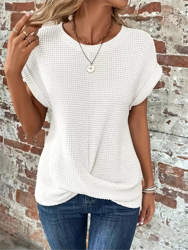 Women's Breathable Waffle Knit Top - Effortless Style, WaffleWeave White