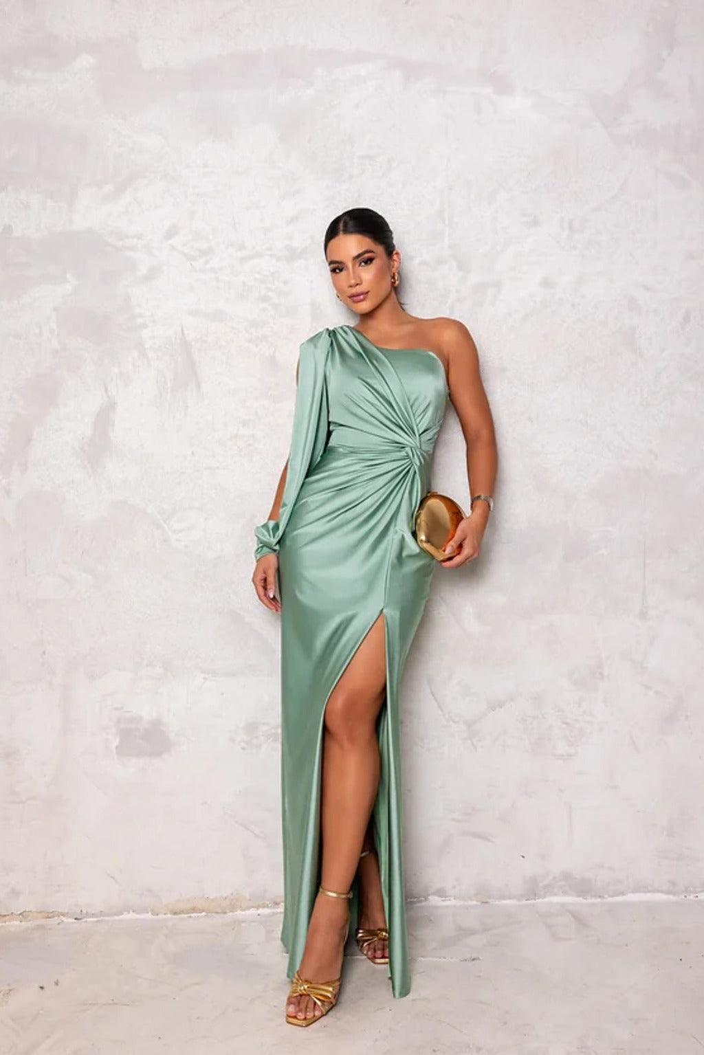 Elegant One-Shoulder Maxi Dress High Slit - EveningStar