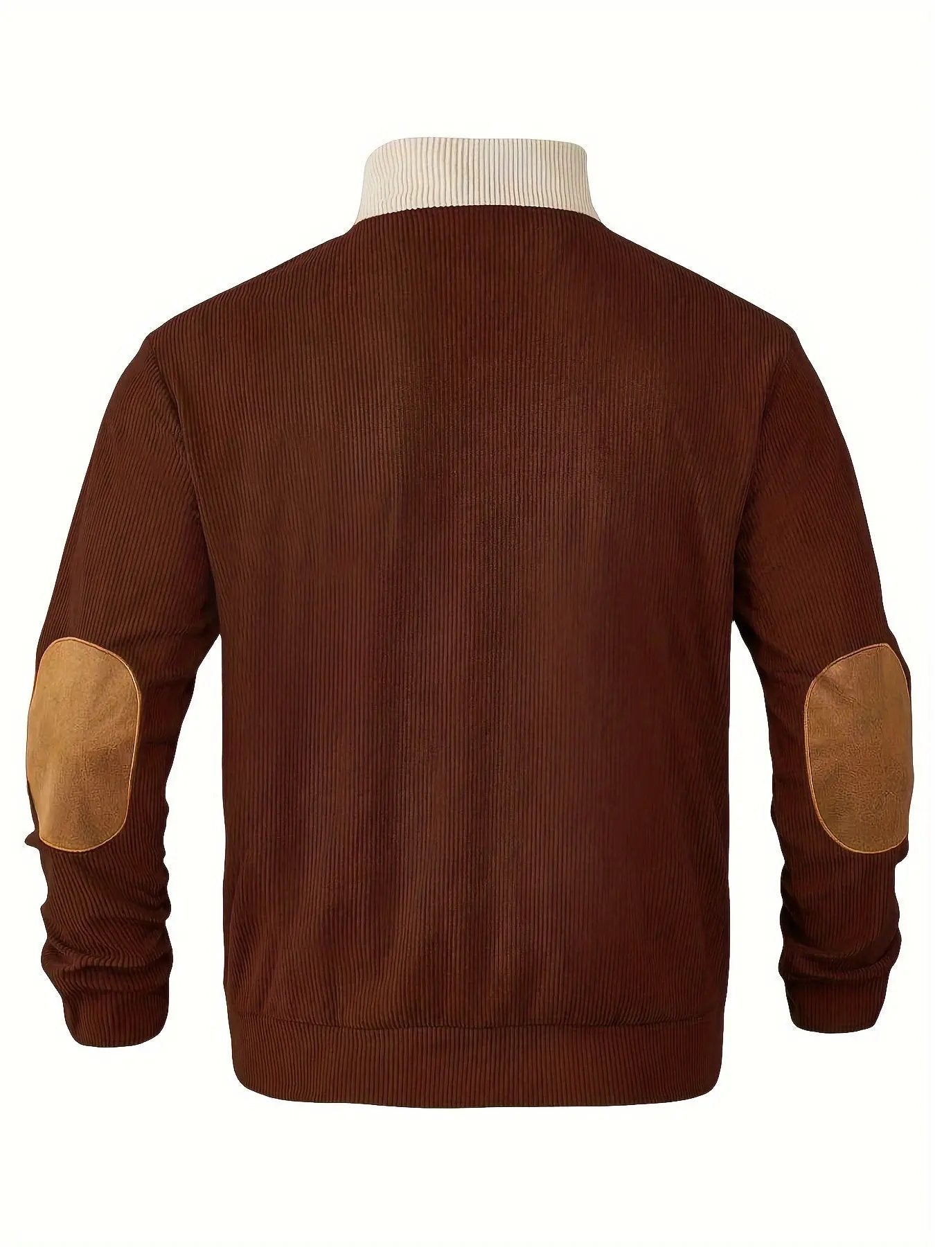 Men’s Ribbed Pullover Sweater - Quarter Button - Stand Collar - Long Sleeve - Elbow Patches