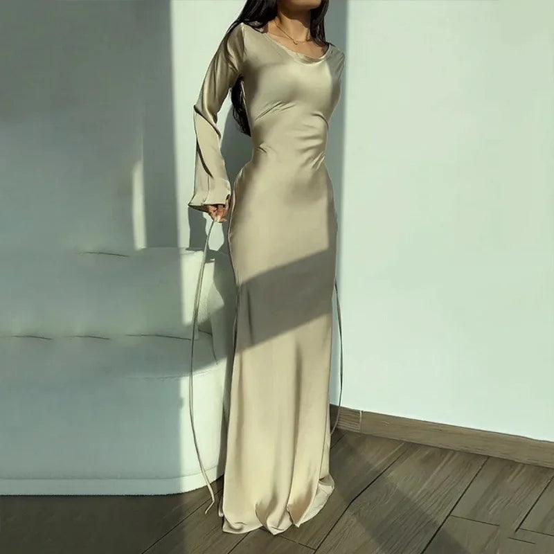 Satin Maxi Dress for Women - Floor Length Flared Sleeve - EveningFlair Apricot