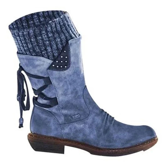 Women's Studded Ankle Boots with Knit Cuff - UrbanEdge Blue