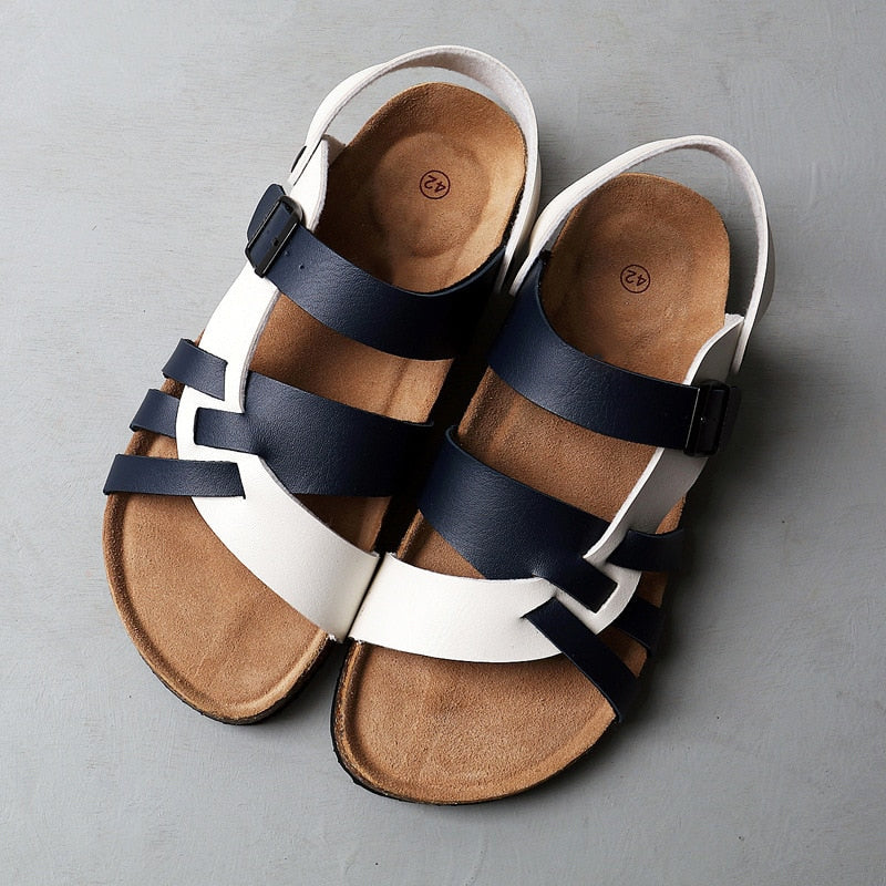 Men’s Leather Sandals - Multi-Strap Design - Cushioned Footbed - Adjustable Buckle Blue