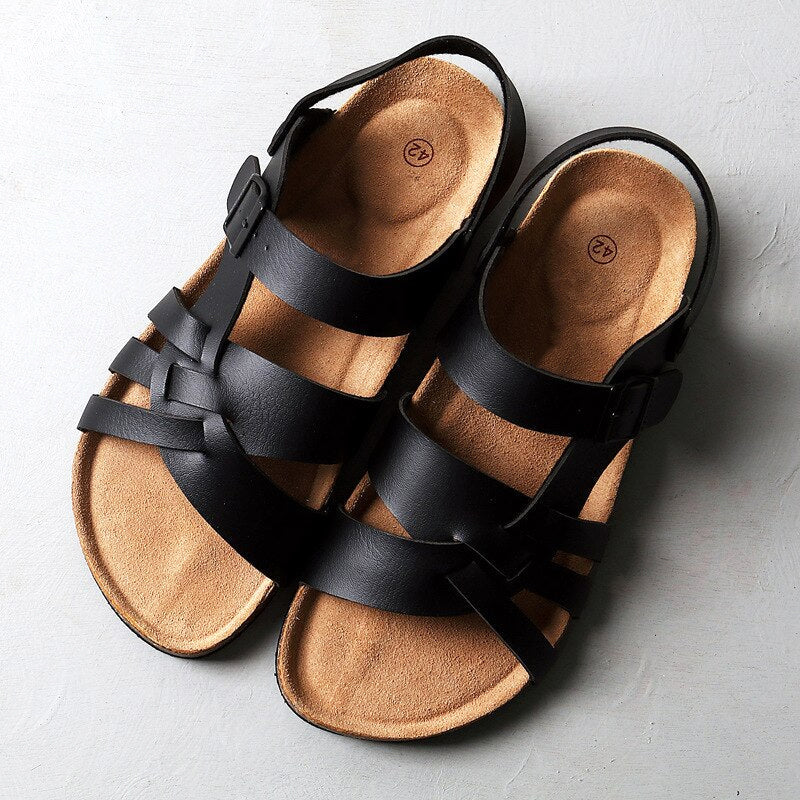 Men’s Leather Sandals - Multi-Strap Design - Cushioned Footbed - Adjustable Buckle Black