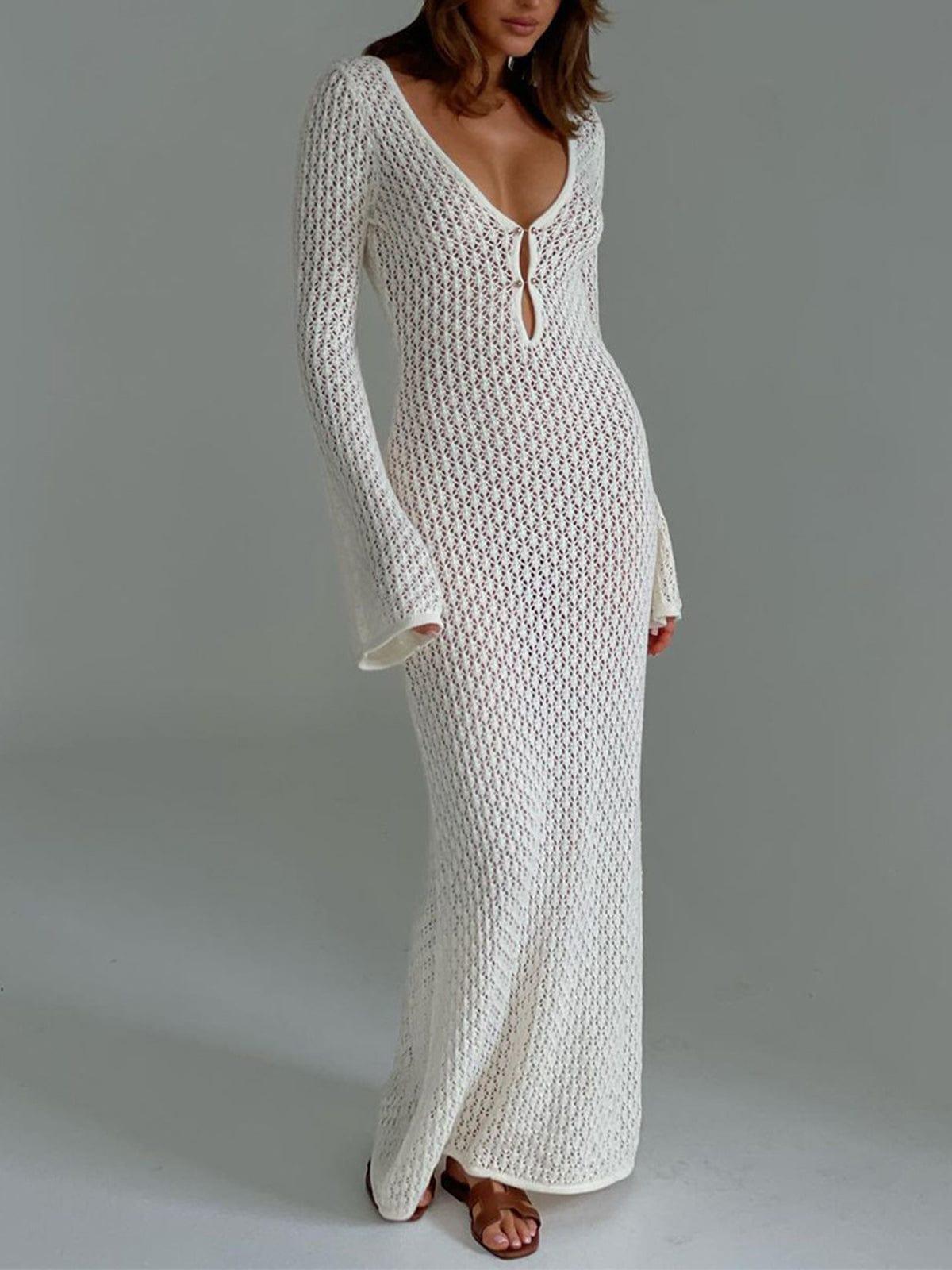 Women's Crochet Knit Maxi Dress - Breezy V-Neck, Beach Bella White