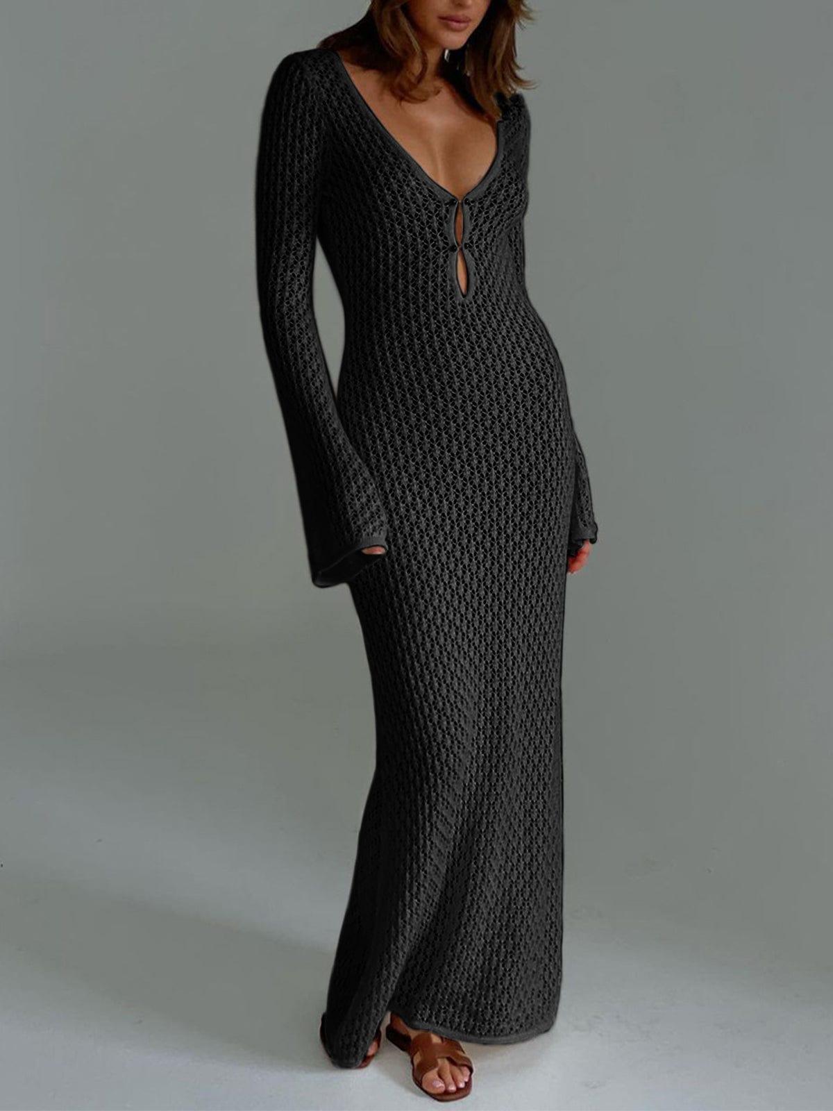 Women's Crochet Knit Maxi Dress - Breezy V-Neck, Beach Bella Black