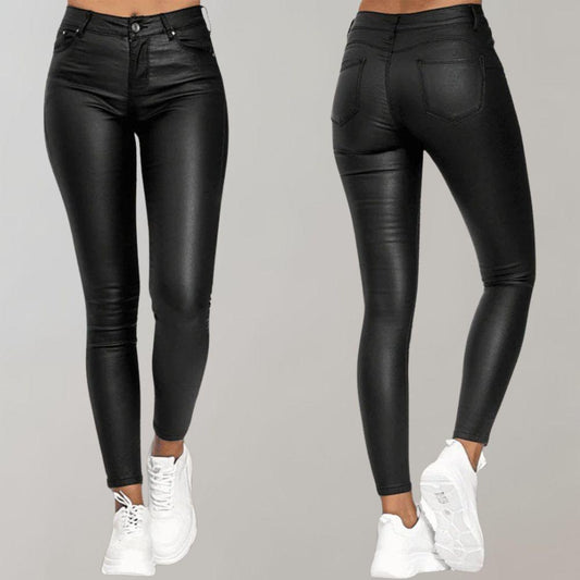 Women's High-Waisted Coated Pants - Stretch Skinny Ankle Trousers - LuxeFit Black