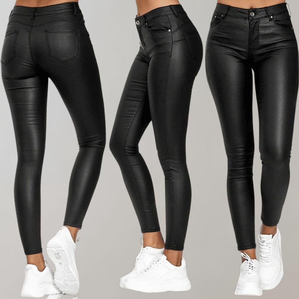 Women's High-Waisted Coated Pants - Stretch Skinny Ankle Trousers - LuxeFit
