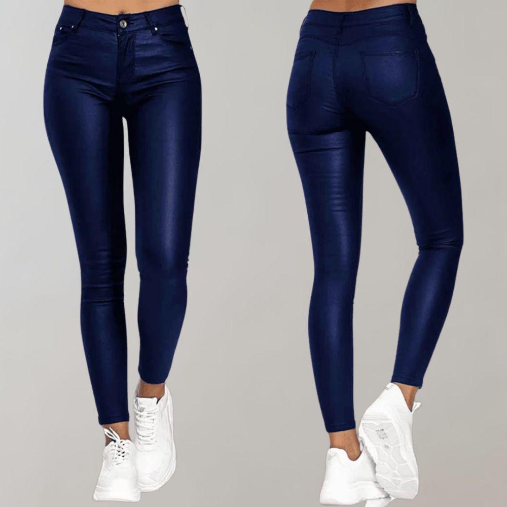 Women's High-Waisted Coated Pants - Stretch Skinny Ankle Trousers - LuxeFit Blue