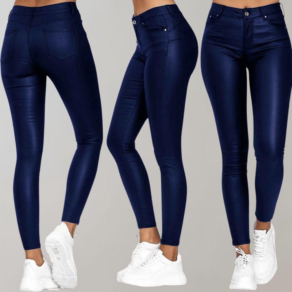 Women's High-Waisted Coated Pants - Stretch Skinny Ankle Trousers - LuxeFit