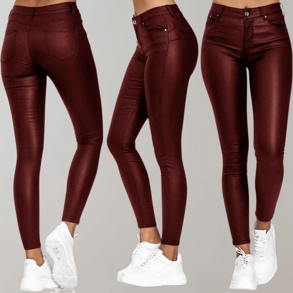 Women's High-Waisted Coated Pants - Stretch Skinny Ankle Trousers - LuxeFit