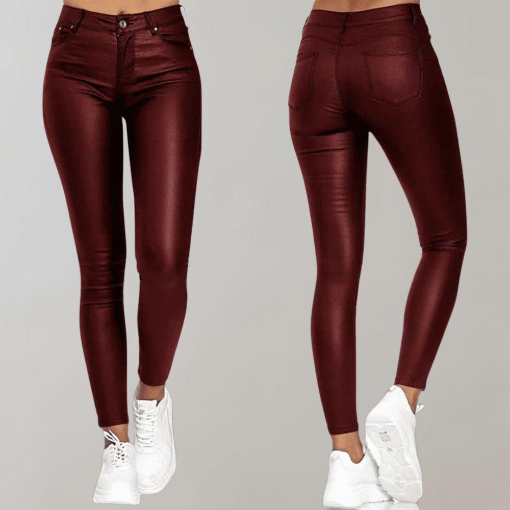 Women's High-Waisted Coated Pants - Stretch Skinny Ankle Trousers - LuxeFit Red