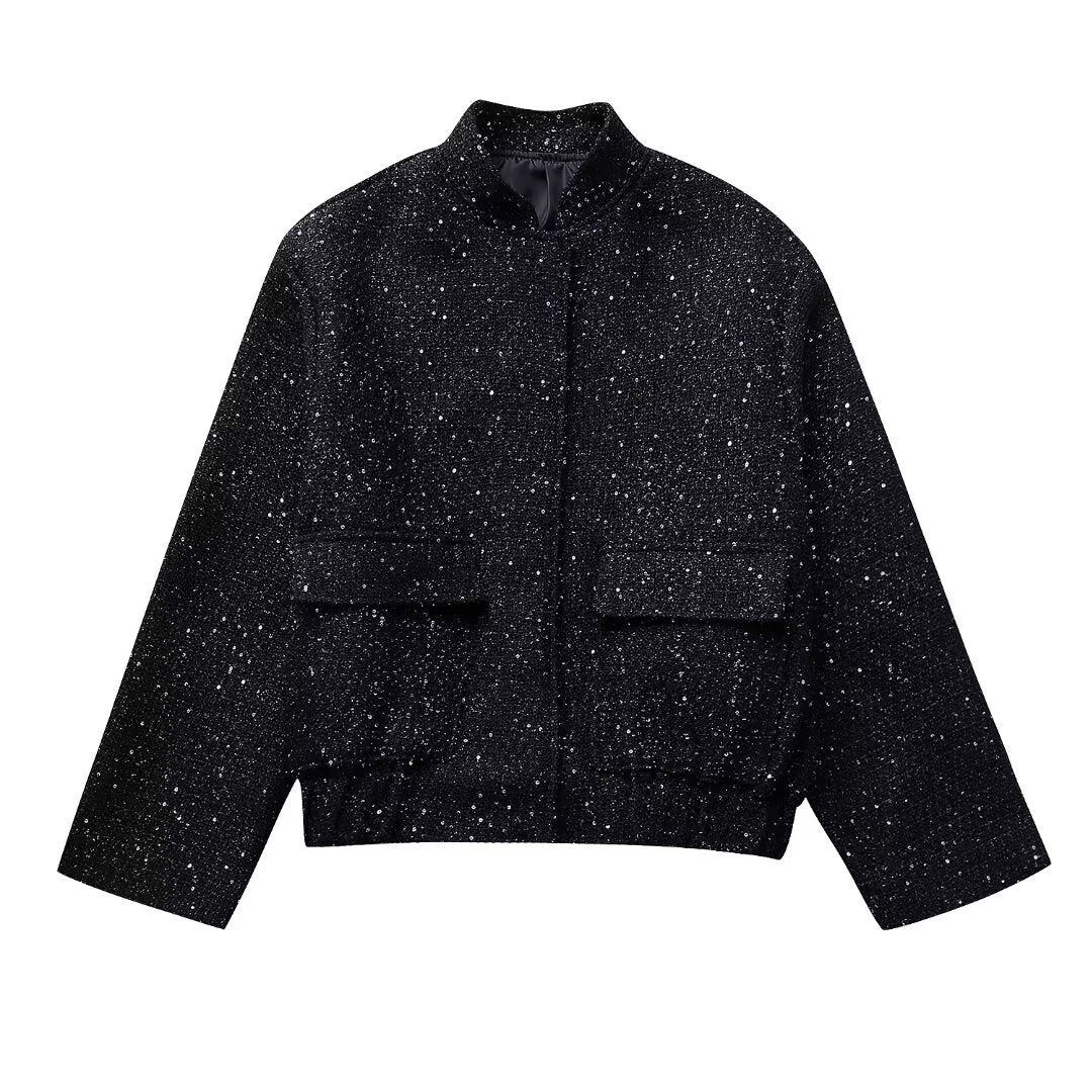 Women's Sequin Bomber Jacket - Cropped Relaxed Fit, Statement Style - SparkleBomber Black
