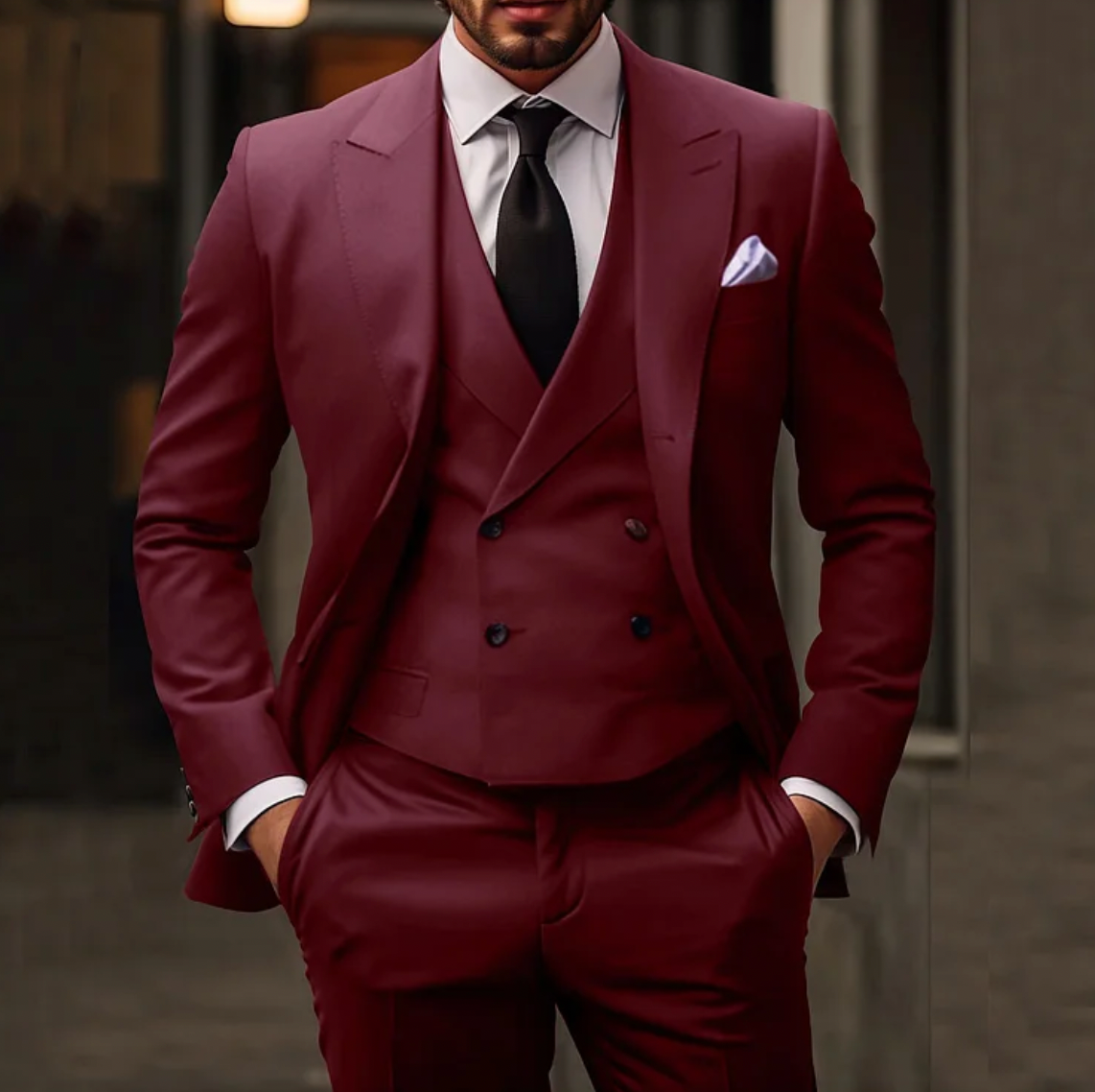 Men's 3-Piece Business Suit - Solid Blazer, Vest, Trousers - ExecutiveStyle Burgundy