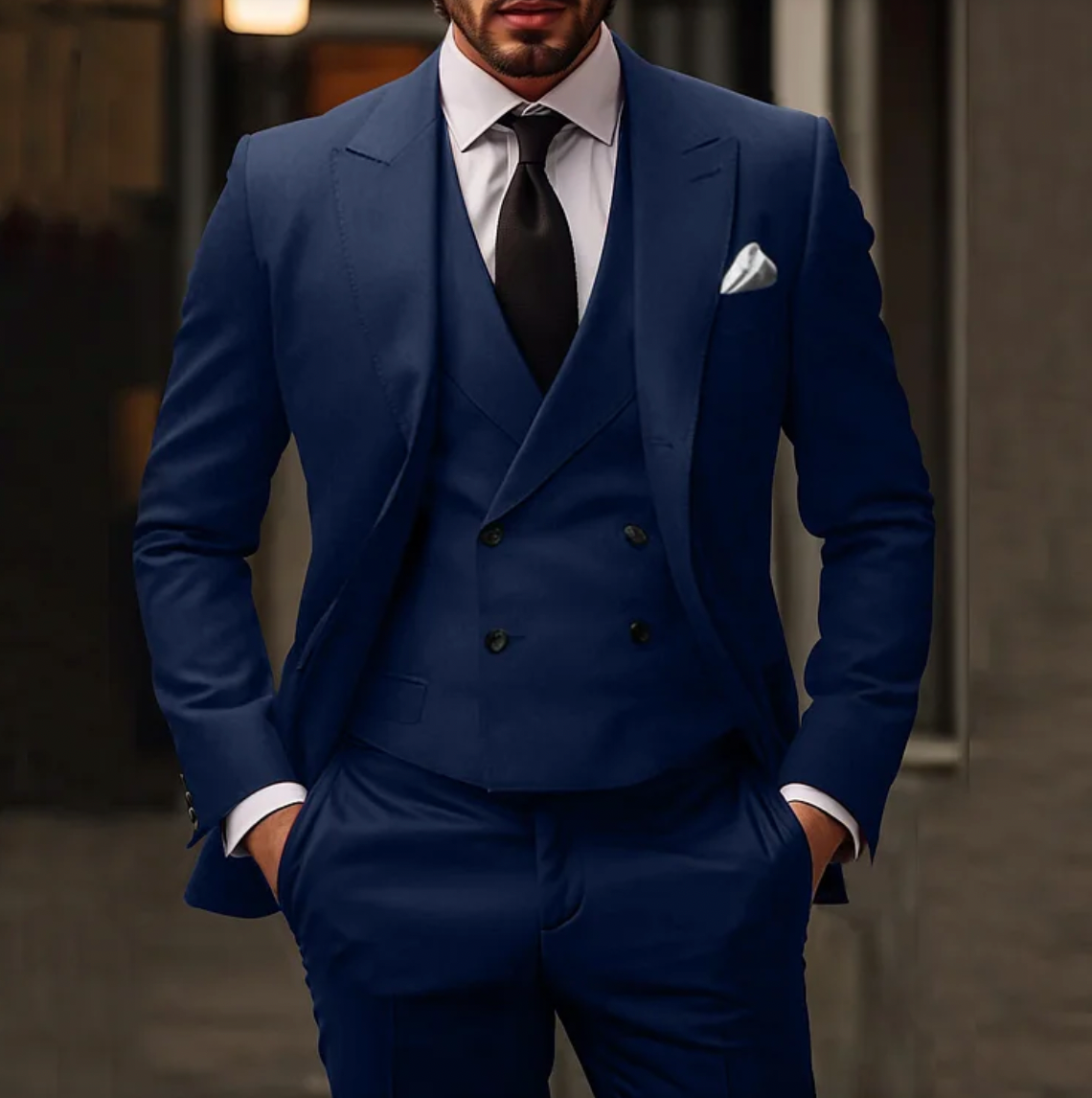 Men's 3-Piece Business Suit - Solid Blazer, Vest, Trousers - ExecutiveStyle Dark blue