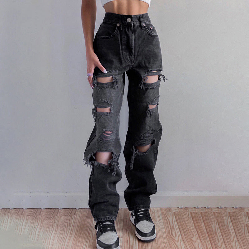 Ripped Jeans for Women Raw Hem Denim - EdgeWear Black