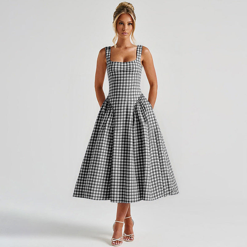 Women's Checkered Midi Dress - Elegant Princess Silhouette - Checkmate Charm Black