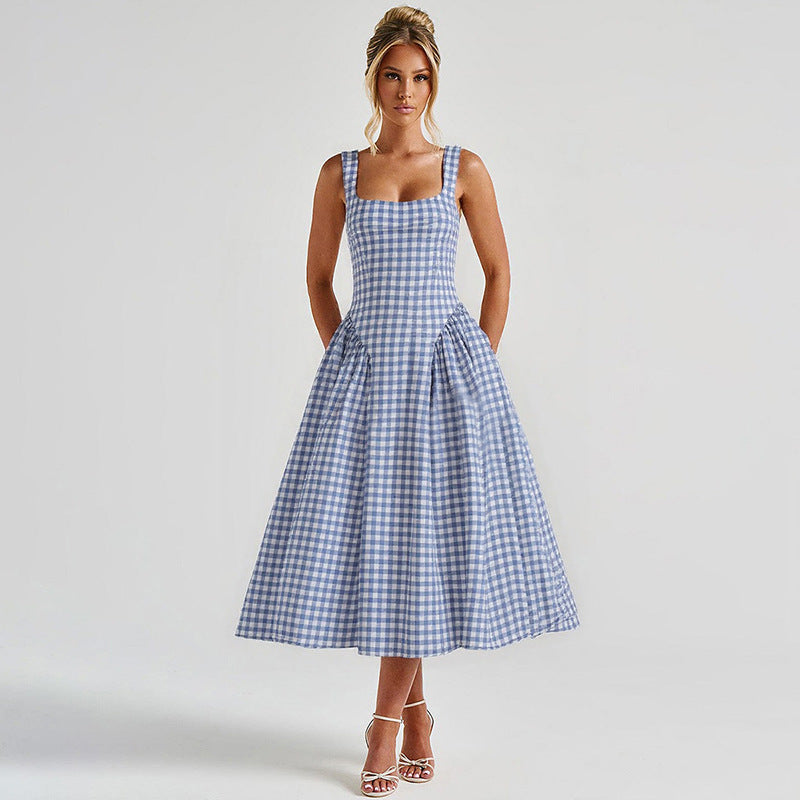 Women's Checkered Midi Dress - Elegant Princess Silhouette - Checkmate Charm Blue