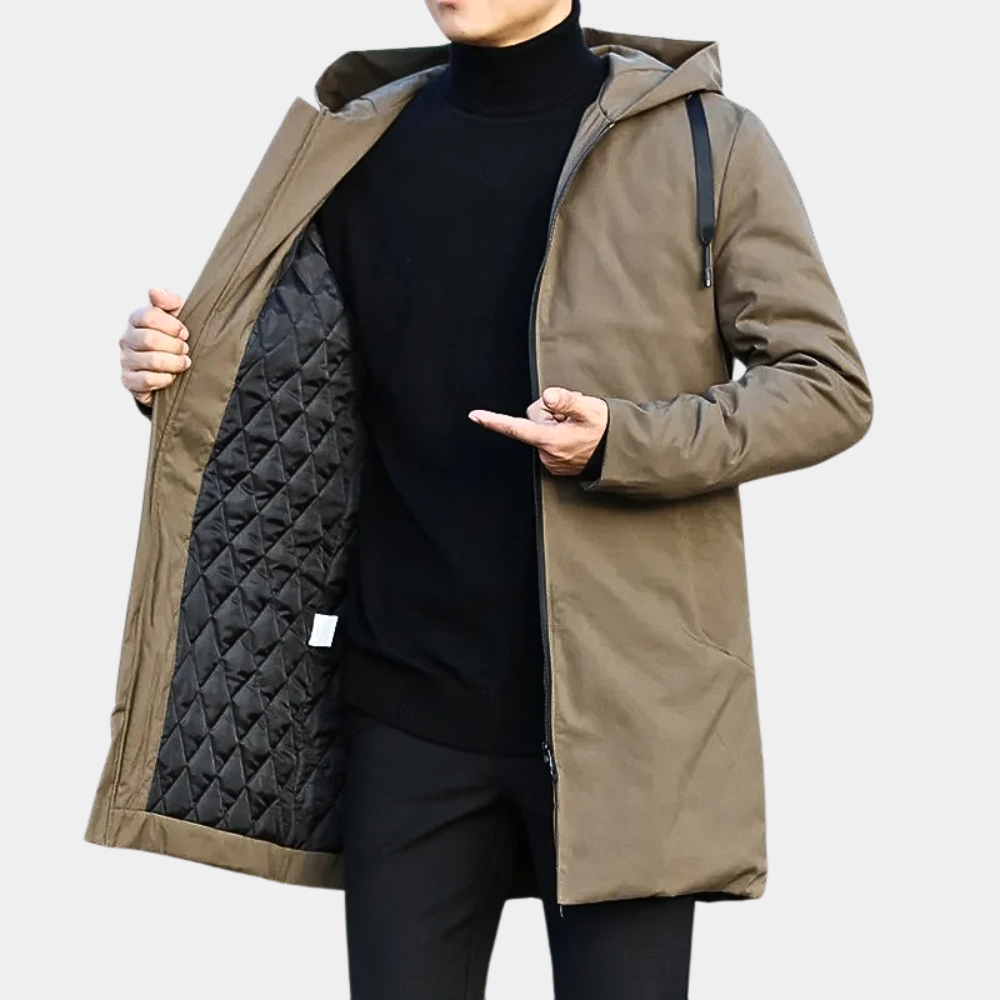 Men's black coat with hood and front pockets Dark brown