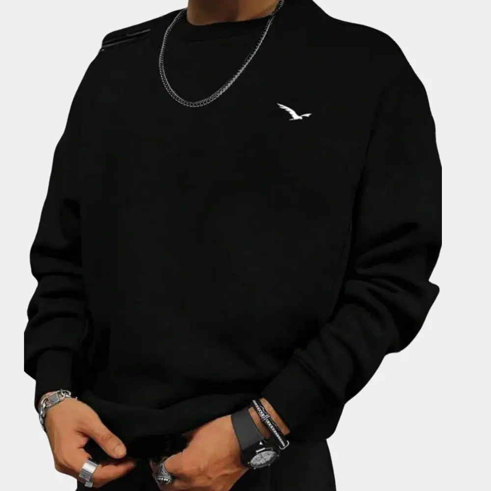 Men’s Sweater – Relaxed Fit – Cotton – Crew Neck – Ribbed Cuffs – Casual Wear Black