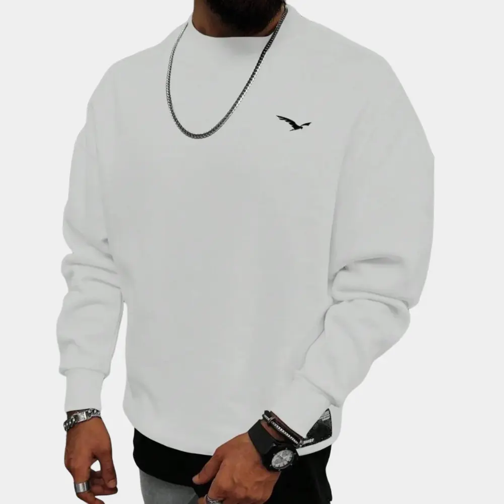 Men’s Sweater – Relaxed Fit – Cotton – Crew Neck – Ribbed Cuffs – Casual Wear White