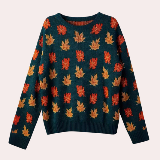 Women's Knitted Leaf Sweater - Elegant Autumn Charm - AutumnWeave Green