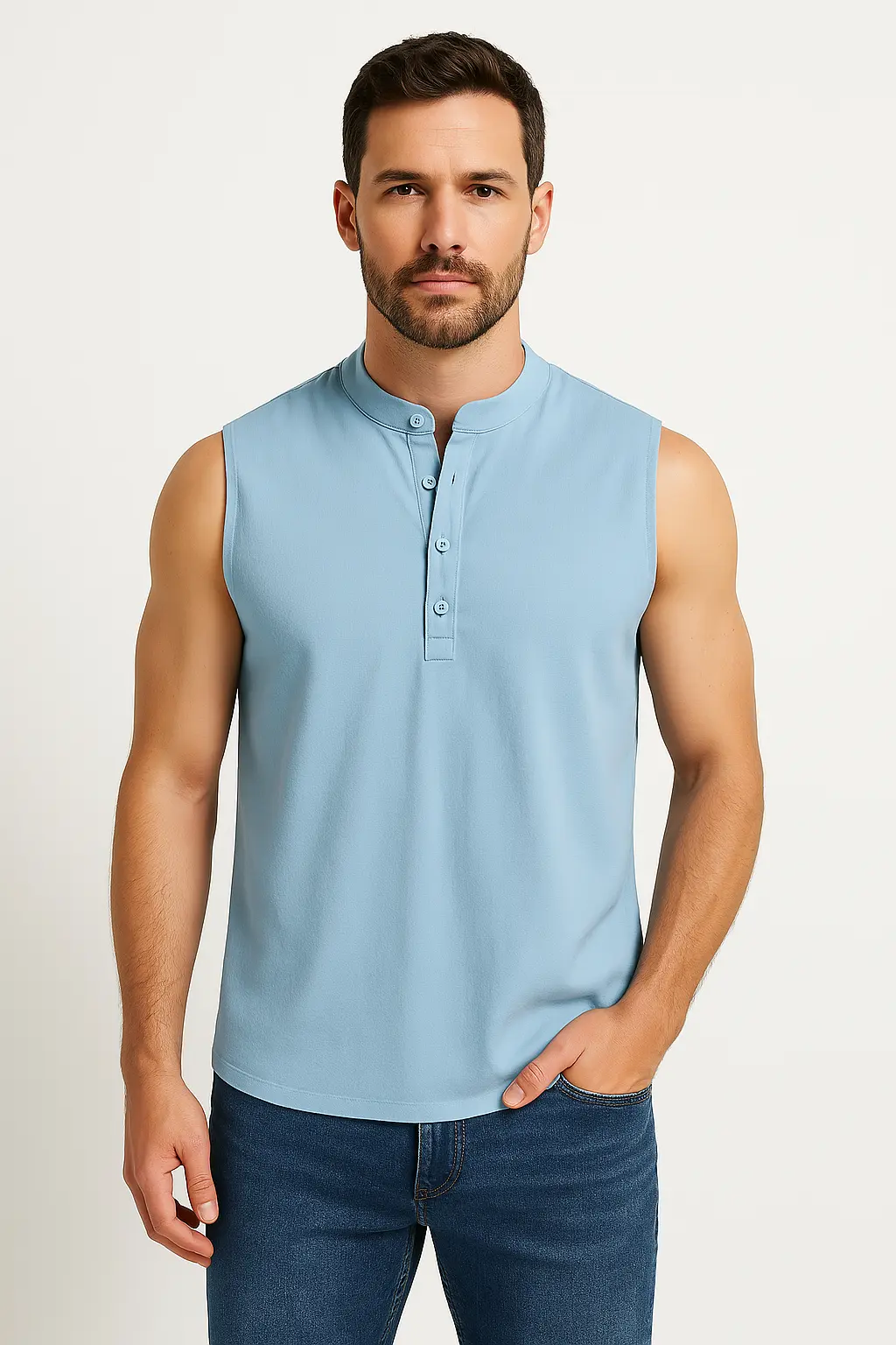 Men’s Sleeveless Vest – Cotton Blend – Relaxed Fit – Mandarin Collar – Half Button Blue