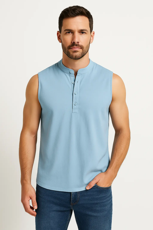 Men’s Sleeveless Vest – Cotton Blend – Relaxed Fit – Mandarin Collar – Half Button Blue