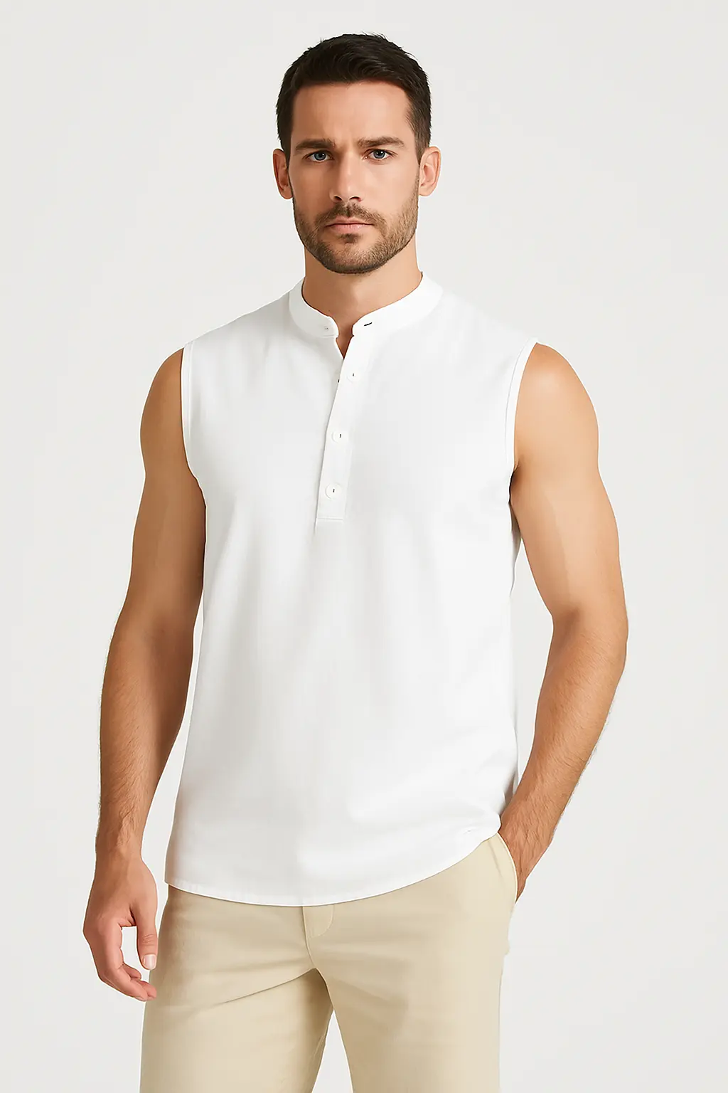 Men’s Sleeveless Vest – Cotton Blend – Relaxed Fit – Mandarin Collar – Half Button White