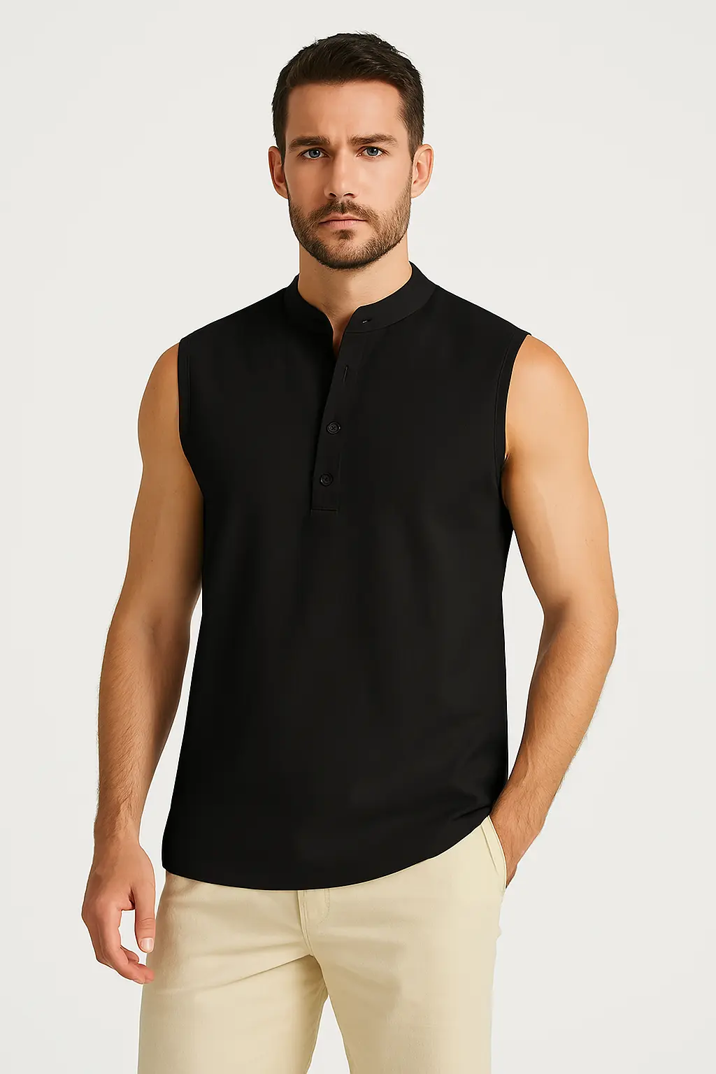 Men’s Sleeveless Vest – Cotton Blend – Relaxed Fit – Mandarin Collar – Half Button Black