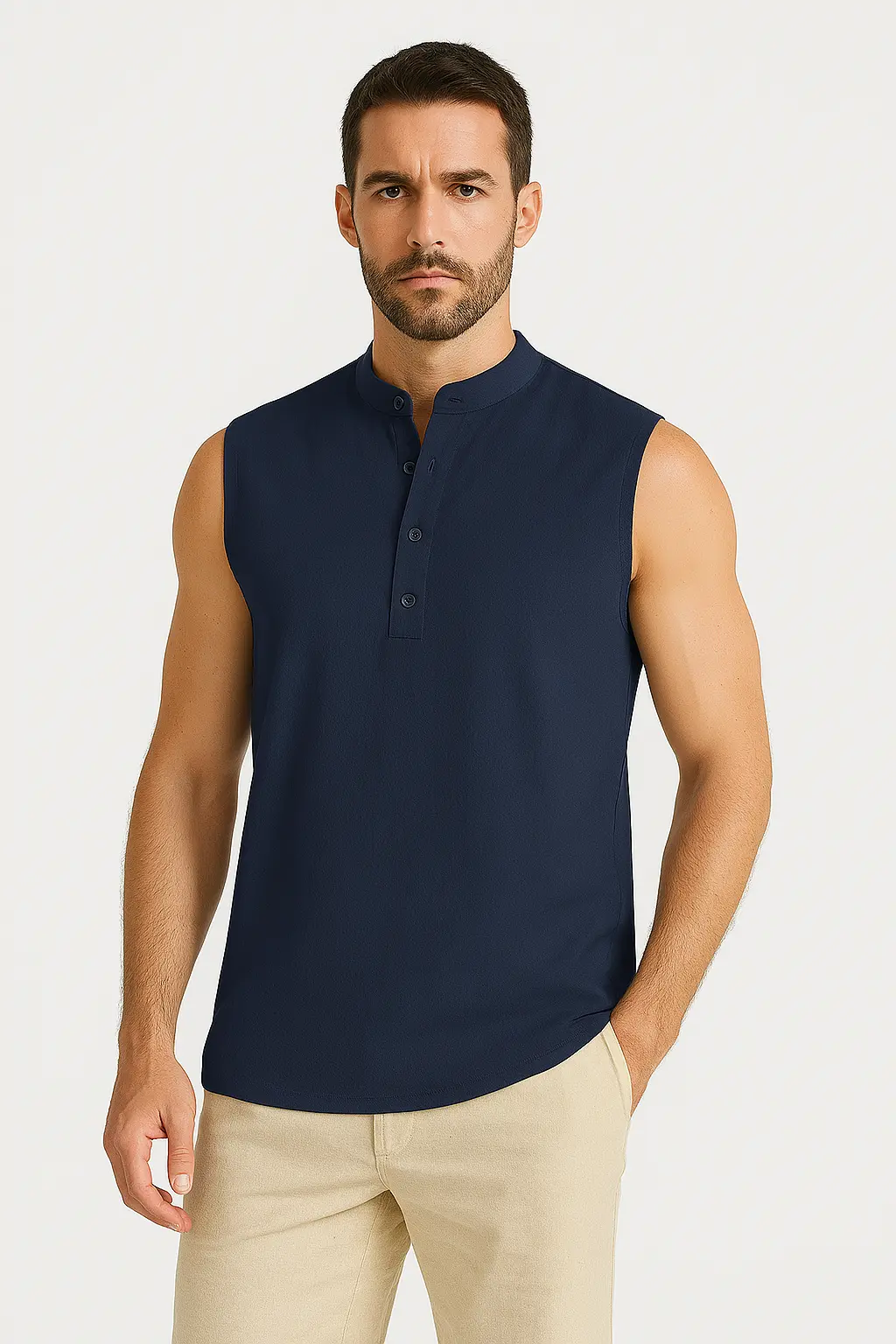 Men’s Sleeveless Vest – Cotton Blend – Relaxed Fit – Mandarin Collar – Half Button Navy