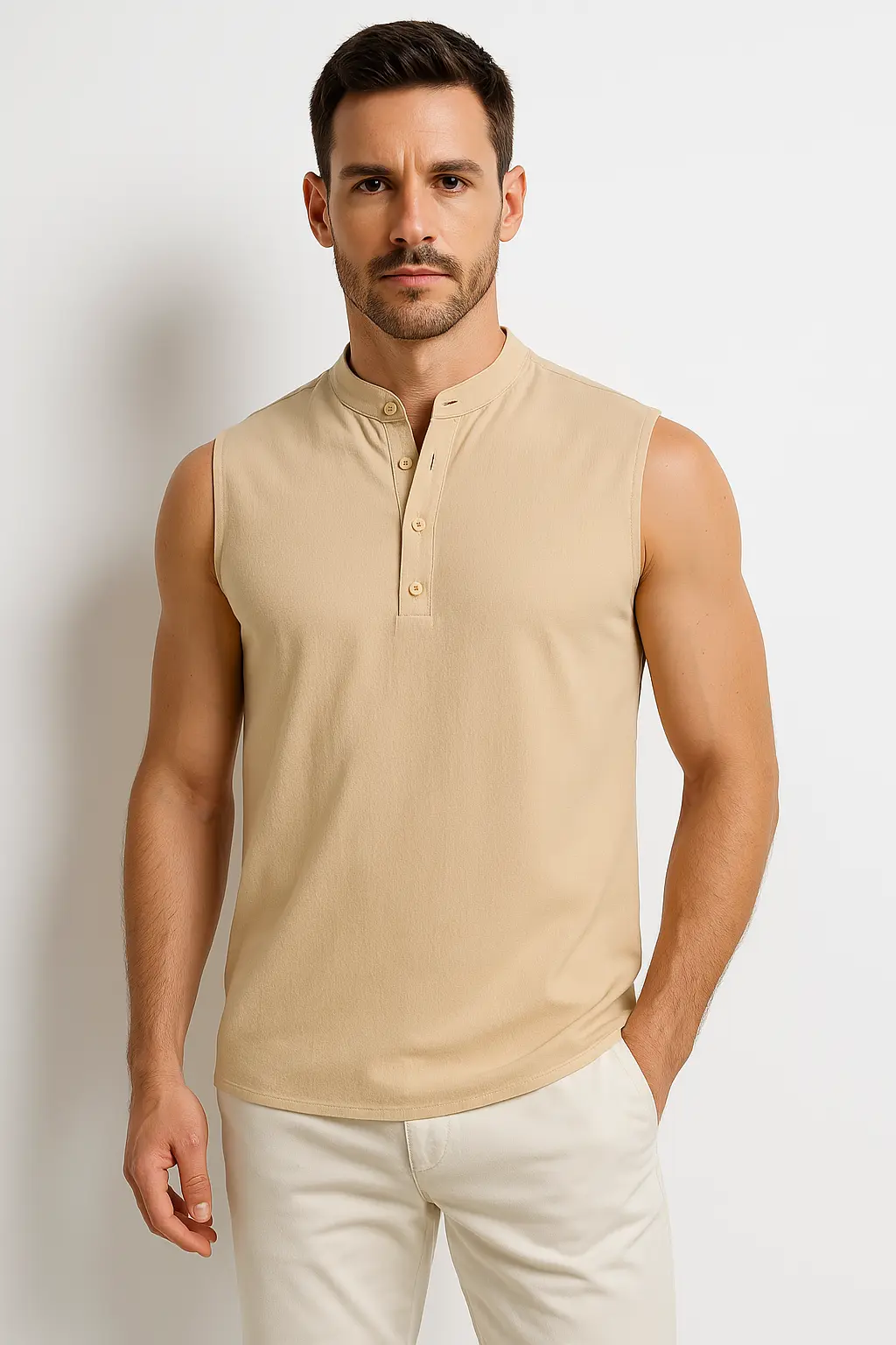 Men’s Sleeveless Vest – Cotton Blend – Relaxed Fit – Mandarin Collar – Half Button Apricot