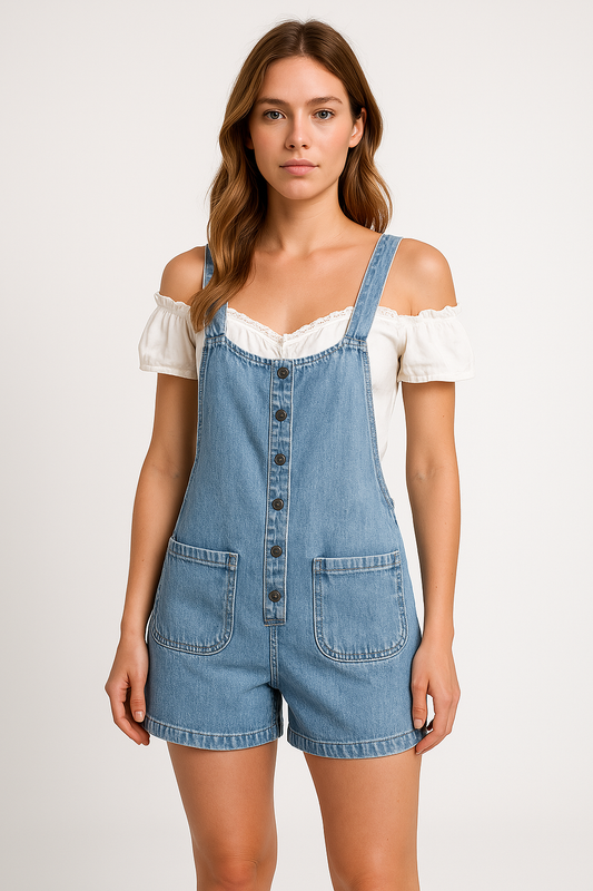 Women's Denim Dungaree Shorts Adjustable Strap - Breezy Days Blue