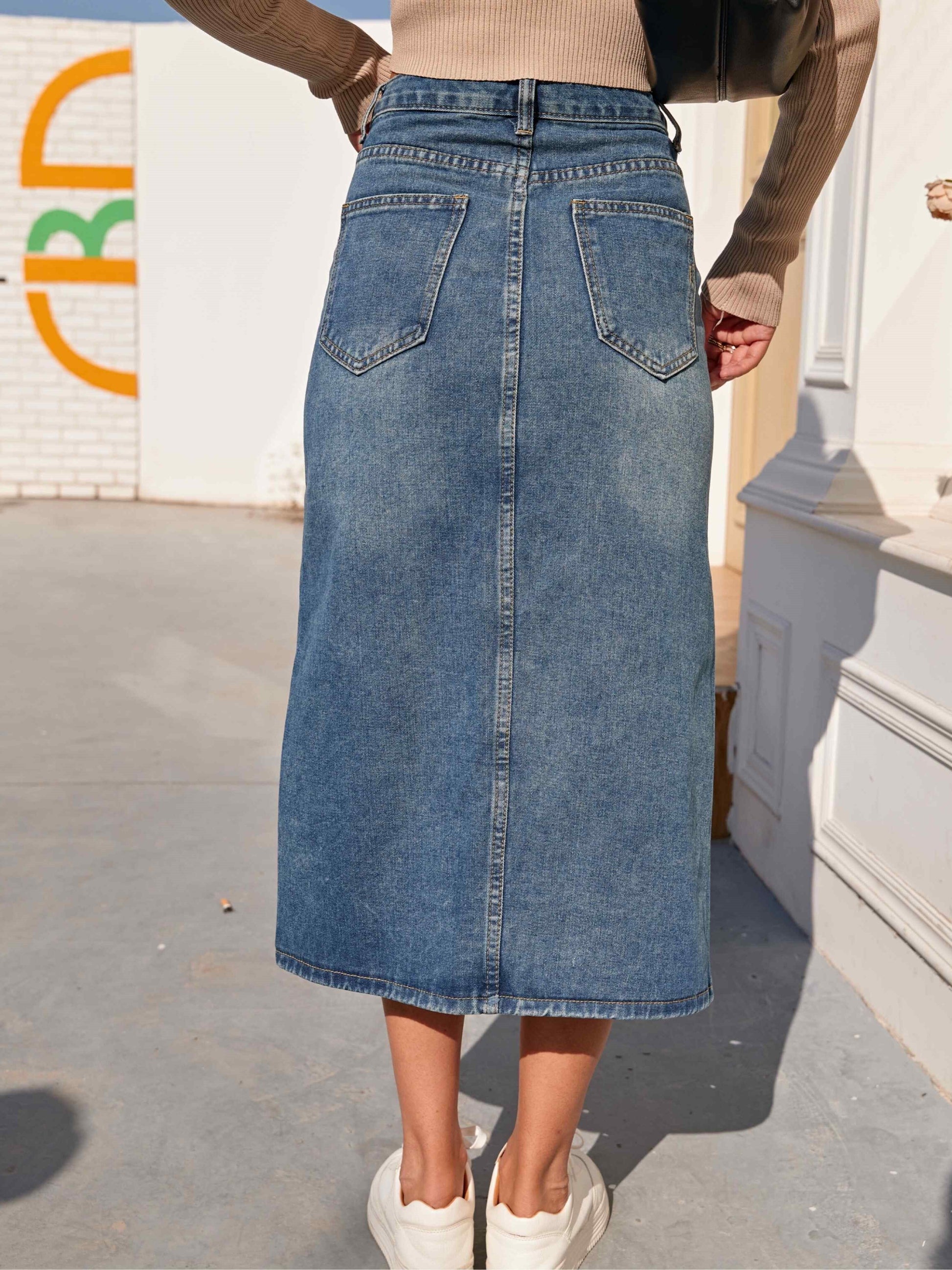 Women's Denim Midi Skirt High Waist Slit - CityChic