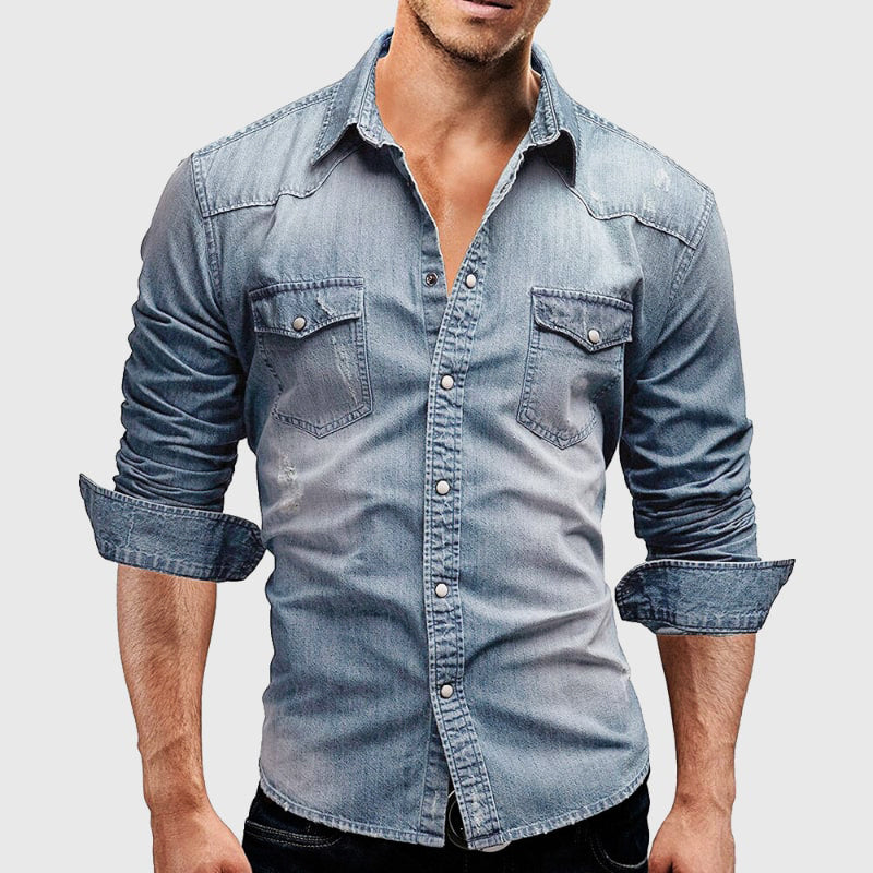 Men’s Denim Shirt - Tailored Fit - Long Sleeve Button-Up - Chest Pockets Durable Casual Wear