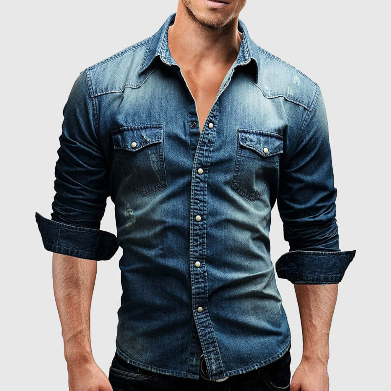 Men’s Denim Shirt - Tailored Fit - Long Sleeve Button-Up - Chest Pockets Durable Casual Wear