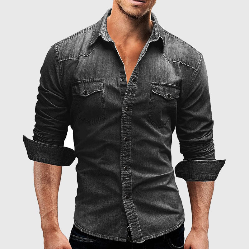 Men’s Denim Shirt - Tailored Fit - Long Sleeve Button-Up - Chest Pockets Durable Casual Wear