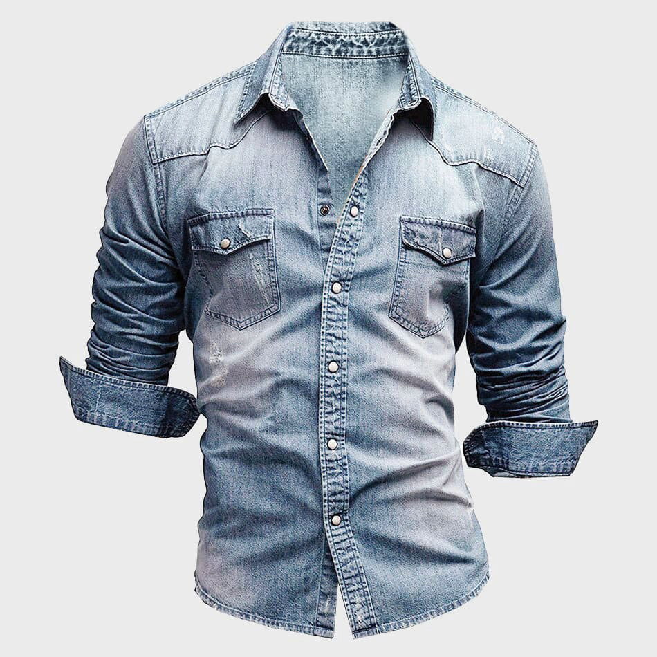 Men’s Denim Shirt - Tailored Fit - Long Sleeve Button-Up - Chest Pockets Durable Casual Wear Light Blue