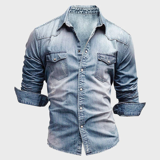 Men’s Denim Shirt - Tailored Fit - Long Sleeve Button-Up - Chest Pockets Durable Casual Wear Light Blue