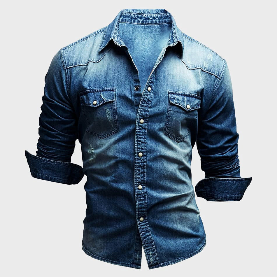 Men’s Denim Shirt - Tailored Fit - Long Sleeve Button-Up - Chest Pockets Durable Casual Wear Dark Blue