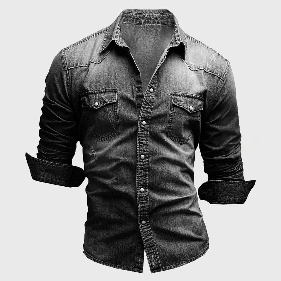 Men’s Denim Shirt - Tailored Fit - Long Sleeve Button-Up - Chest Pockets Durable Casual Wear Black