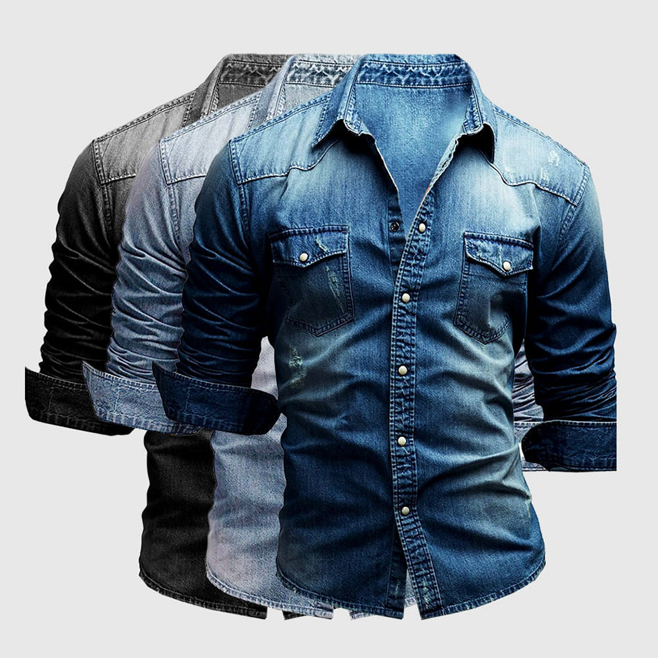 Men’s Denim Shirt - Tailored Fit - Long Sleeve Button-Up - Chest Pockets Durable Casual Wear