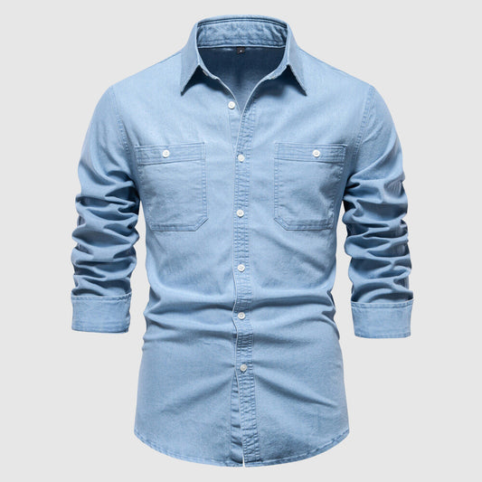 Men’s Denim Shirt - Button-Down - Long Sleeve - Tailored Fit - Chest Pockets Light Blue