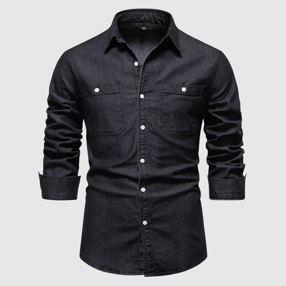 Men’s Denim Shirt - Button-Down - Long Sleeve - Tailored Fit - Chest Pockets Black